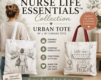Urban Nurse Sketch Tote Bag, Aesthetic Nurse Gift, Illustrated City Caregiver Scene Coffee Shop Book Bag, Nursing Student Graduation Gift