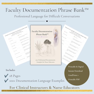 May include: Faculty Documentation Phrase Bank™ for nurse educators, featuring 18 pages and 100+ professional documentation language examples. Includes a central guide with a line drawing of a person writing, plus two side pages of clinical documentation examples.