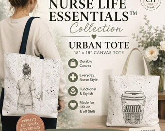 Nurse Leaving Doorway Tote Bag | Aesthetic Coffee Shop Illustration Tote | Black and White Line Art Book Bag | Everyday Canvas Shoulder Bag