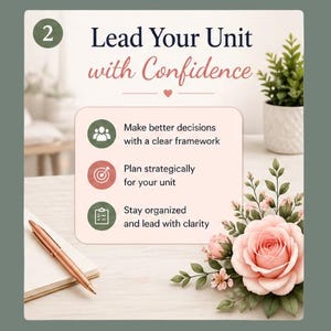 Pode incluir: Imagem com o texto "Lead Your Unit with Confidence" e marcadores: "Tomar melhores decis&otilde;es com uma estrutura clara", "Planear estrategicamente para a sua unidade" e "Manter-se organizado e liderar com clareza". Uma caneta e um bloco de notas em ouro rosa est&atilde;o sobre a mesa.
