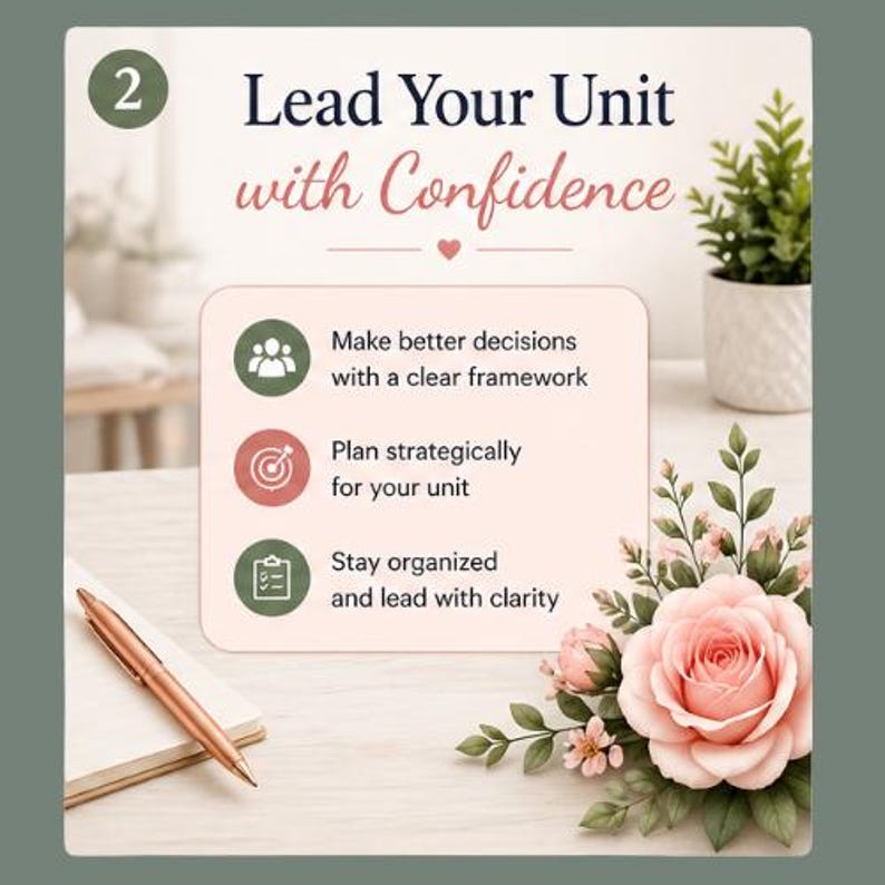 Pode incluir: Imagem com o texto "Lead Your Unit with Confidence" e marcadores: "Tomar melhores decis&otilde;es com uma estrutura clara", "Planear estrategicamente para a sua unidade" e "Manter-se organizado e liderar com clareza". Uma caneta e um bloco de notas em ouro rosa est&atilde;o sobre a mesa.