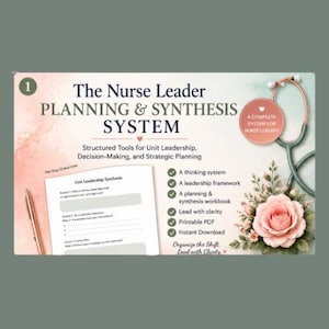May include: A promotional graphic for "The Nurse Leader Planning & Synthesis System" with text and a stethoscope. The design includes a rose, a pen, and a worksheet. The text highlights structured tools for unit leadership and strategic planning.