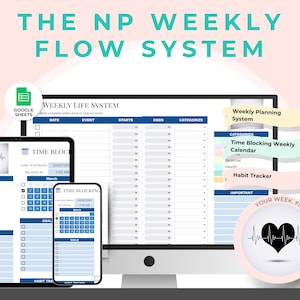 May include: A digital weekly planner, "The NP Weekly Flow System," displayed on a tablet, phone, and computer screen. The planner includes sections for time blocking, goals, and habit tracking, with a heart-shaped graphic and the text "Your week, finally organized."