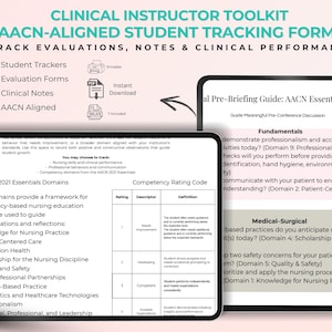 May include: A digital toolkit for clinical instructors, featuring AACN-aligned student tracking forms. The image displays two tablets showcasing student trackers, evaluation forms, and clinical notes. The text includes "Clinical Instructor Toolkit" and "Track Evaluations, Notes & Clinical Performance."