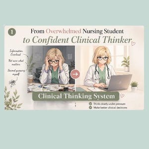 May include: An illustration showing a transformation from an overwhelmed nursing student to a confident clinical thinker. The image includes text: "Clinical Thinking System", "Think clearly under pressure", and "Make better clinical decisions".
