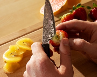 Damascus Steel Fruit Knife | Vegetable Paring Knife | Culinary Gift | Sharp Kitchen Blade with 3D Printed Handle | Cooking Prep Knife