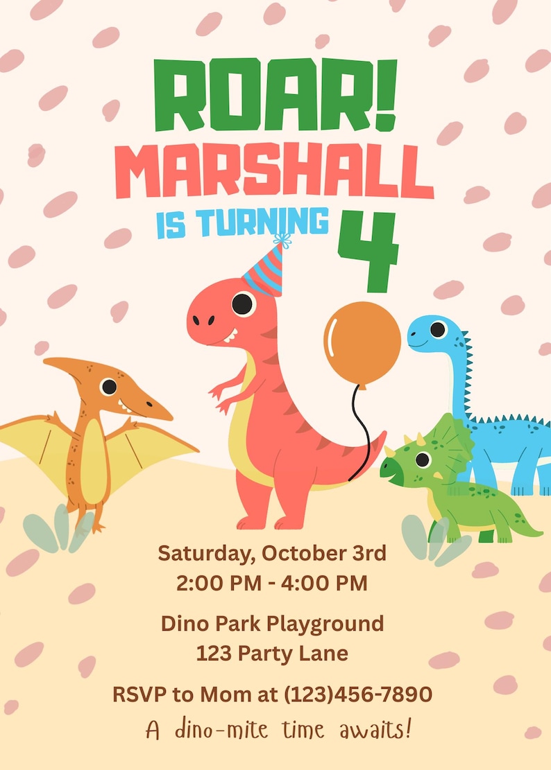 Editable Dinosaur Birthday Invitation Template | Boy Dino Party Invite ...