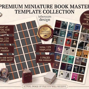 Peut inclure: Collection de modèles de livres miniatures avec le texte "Premium Miniature Book Master Template Collection." L'image comprend une grille, des exemples de couvertures de livres et le texte "Print at Actual Size (100%)."