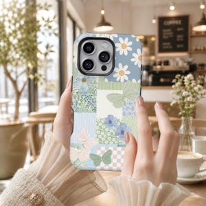 Patchwork Floral Butterfly & Daisy Phone Case, Soft Blue Green Quilt Cover for iPhone 17 16 15 14 13 12 11 Pro Max, Samsung S26 S25 S24 S23