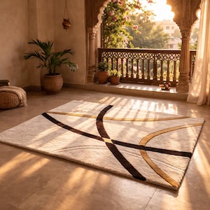 May include: A rectangular beige rug with a geometric design of curved and straight lines in brown and gold. The rug is placed on a light-colored floor in a room with an arched window and a view of greenery.