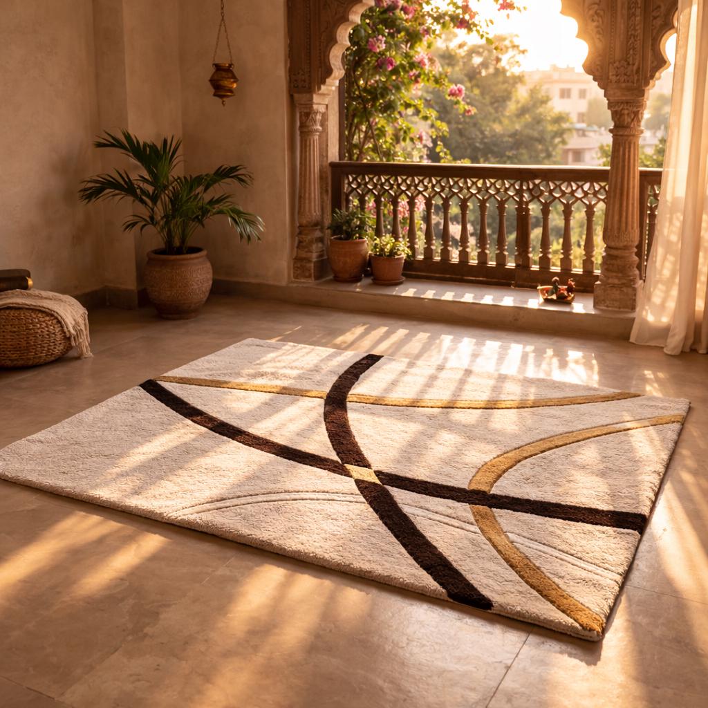 Hand Tufted Abstract Wool Rug, Cream Modern Area Rug With Brown & Gold ...