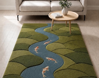 Hand Tufted Wool Area Rug, Modern River Landscape Rug, Green Abstract Nature Carpet, Contemporary Living Room Bedroom Handmade Rug