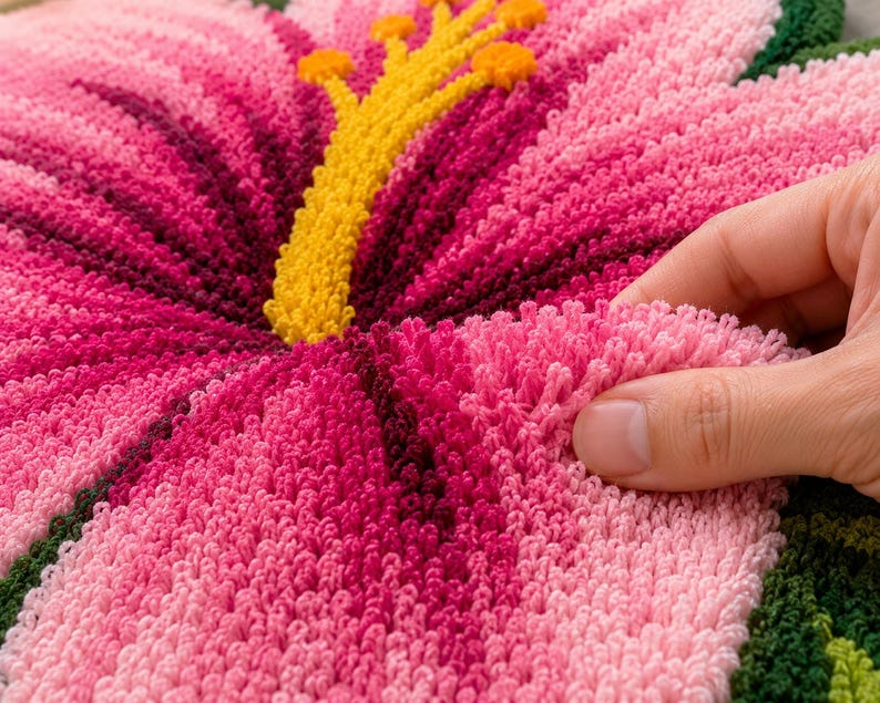 May include: Close-up of a handmade, pink hibiscus flower rug. The rug features a detailed design with varying shades of pink, a yellow centre, and green leaves. The texture is soft and plush, with a hand touching the petals.