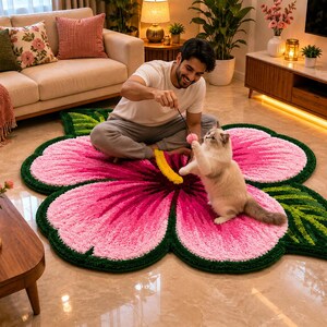 May include: A vibrant, flower-shaped rug in shades of pink and green, with a yellow centre. A person and a cat are interacting on the rug, which is placed on a tiled floor. The rug's design resembles a hibiscus flower.