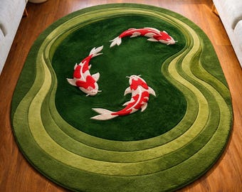 Hand Tufted Koi Fish Rug, Green Pond Area Rug, 3D Carved Wool Carpet, Nature Inspired Living Room Rug, Luxury Statement Floor Decor