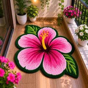May include: A large, pink hibiscus flower rug with green leaves and a yellow stamen. The rug is placed on a wooden floor, surrounded by potted plants and flowers, creating a bright and inviting outdoor space.