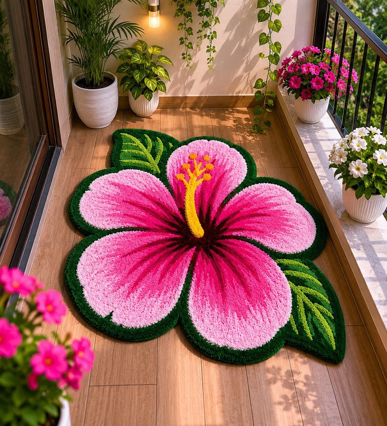 May include: A large, pink hibiscus flower rug with green leaves and a yellow stamen. The rug is placed on a wooden floor, surrounded by potted plants and flowers, creating a bright and inviting outdoor space.