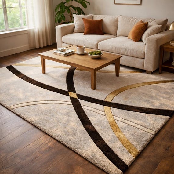 Hand Tufted Abstract Wool Rug, Cream Modern Area Rug with Brown & Gold Curves, Minimalist Geometric Carpet for Living Room Bedroom Decor