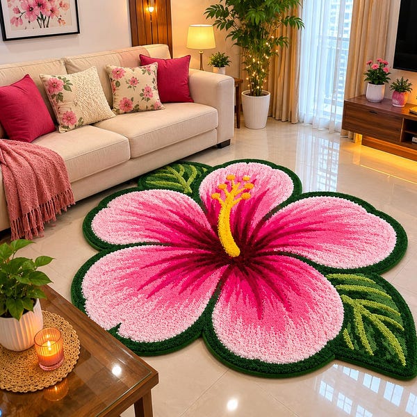 Pink Hibiscus Tufted Rug, Handmade Floral Accent Rug, Tropical Flower Bath Mat, Cute Aesthetic Floor Carpet Decor