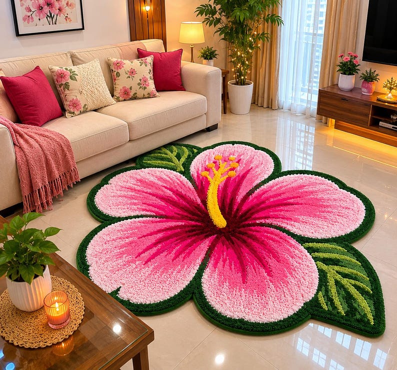 May include: A large, vibrant rug shaped like a hibiscus flower. The rug features a bright pink flower with a yellow stamen and green leaves. The rug is placed on a glossy, light-coloured floor, and is surrounded by a cream-coloured sofa with pink cushions.