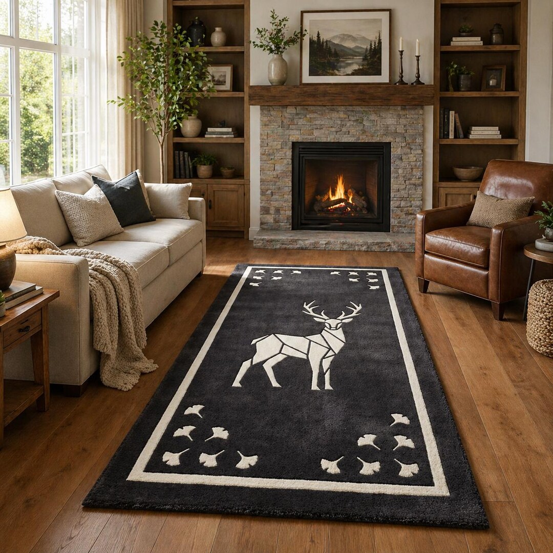 Modern Deer Area Rug Black White Geometric Stag Carpet Minimalist ...
