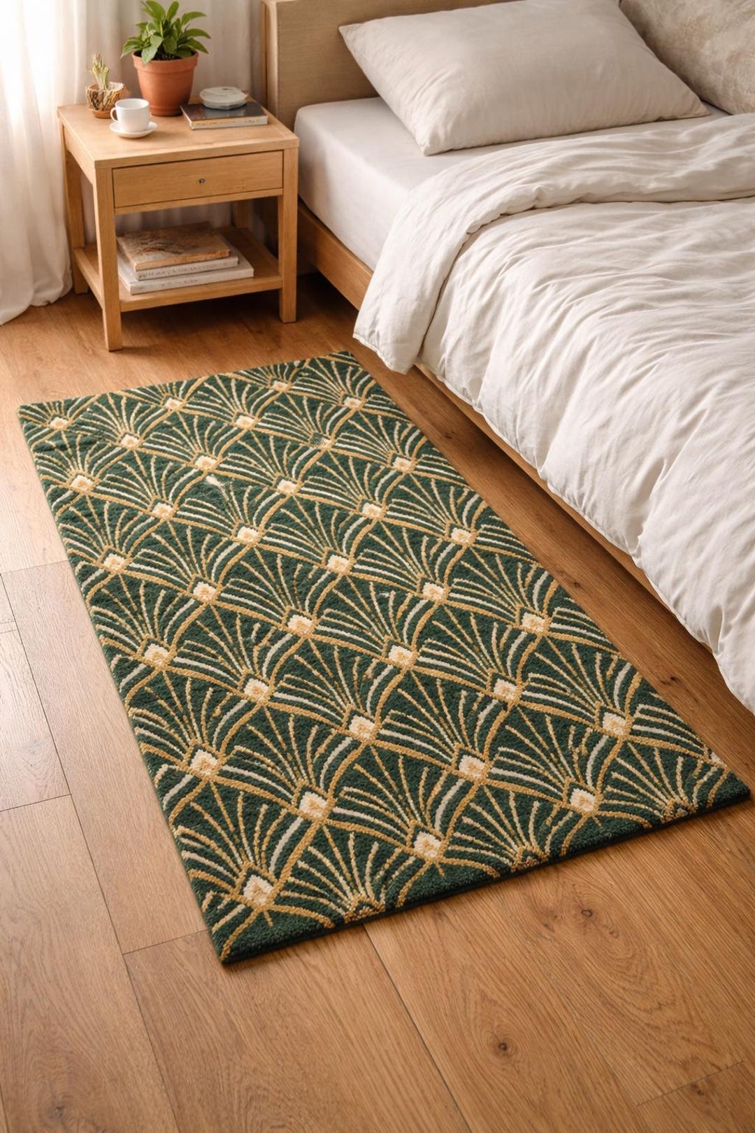 Green Gold Art Deco Hand Tufted Wool Rug – Geometric Fan Pattern Area ...