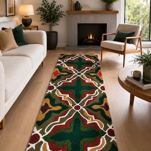 Hand Tufted Wool Runner Rug, Green Geometric Floral Pattern Rug, Thick Pile Hallway Carpet, Modern Bedroom Bedside Runner Rug