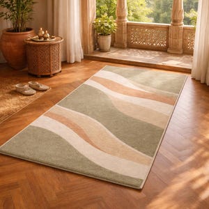 Könnte beinhalten: Rechteckiger Teppich mit wellenförmigem Design in Grün-, Beige- und Pfirsichtönen. Er liegt auf einem Holzboden mit Fischgrätmuster. Der Raum verfügt über einen Balkon mit Steinsäulen und Blick ins Grüne.