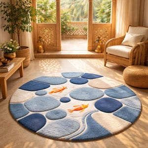 Round Hand Tufted Wool Rug, Blue Pebble Pattern Carpet with Fish Design, Soft Plush Area Rug for Living Room Bedroom Boho Decor