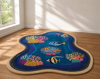 Hand Tufted Ocean Theme Rug, Irregular Shape Blue Coral Fish Area Rug, Coastal Kids Room Carpet, Handmade Wool Look Rug