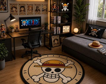 May include: A themed room with One Piece decor. A round rug with a skull and crossbones design is on the floor. A computer desk, bed, and shelves are filled with One Piece merchandise, including figurines, posters, and manga.