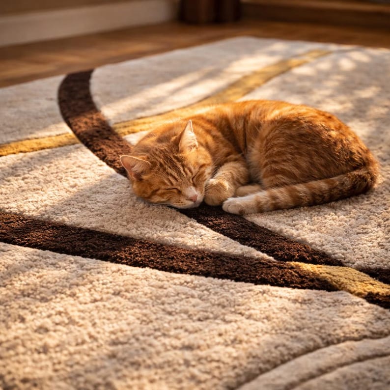 May include: A ginger tabby cat curled up asleep on a beige rug with brown and gold curved stripes. The cat's fur is a mix of orange and light brown, and it is lying on its side, paws tucked in.