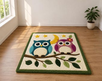 Hand Tufted Owl Rug, Kids Room Area Rug, Cute Owl Nursery Carpet, Handmade Wool Tufted Bedroom Rug, Moon Star Owl Decor