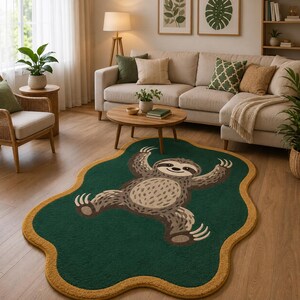 Alfombra de perezoso tejida a mano, alfombra verde con diseño de animales, alfombra irregular para habitación infantil, alfombra de lana hecha a mano para guardería, linda decoración para sala de estar