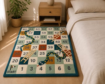 Snakes and Ladders Kids Area Rug, Playroom Game Carpet, Educational Number Rug, Colorful Nursery Floor Mat, Bedroom Decor