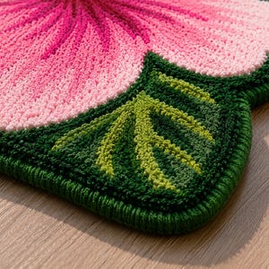May include: A crocheted rug in the form of a flower. The rug has a large pink flower with a green border and leaves. The flower petals change from light to dark pink. The leaves are a mix of light and dark green.