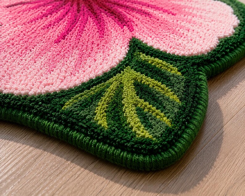 May include: A crocheted rug in the form of a flower. The rug has a large pink flower with a green border and leaves. The flower petals change from light to dark pink. The leaves are a mix of light and dark green.