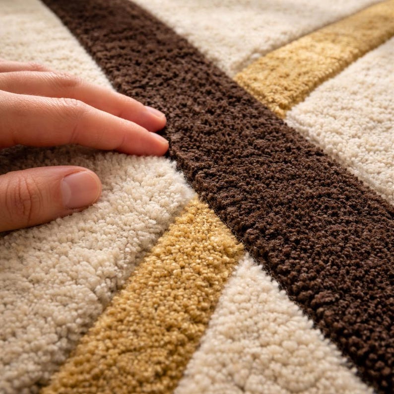 May include: Close-up of a textured rug with a geometric pattern. The rug features a cream-colored background with intersecting stripes in brown and gold. The soft, plush texture is visible.