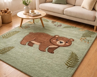 Hand Tufted Bear Rug, Woodland Animal Kids Room Carpet, Green Nursery Area Rug, Soft Plush Bedroom Decor, Nature Inspired Floor Rug