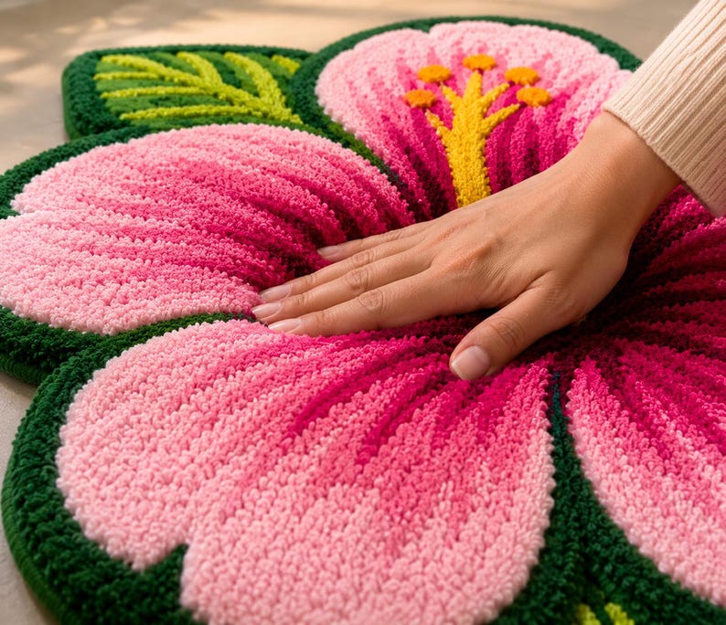 May include: A large, handmade, crochet flower rug in shades of pink, with a green border and leaves. The flower's centre is yellow with orange accents. The rug is soft and textured, suitable for a bedroom or living room.