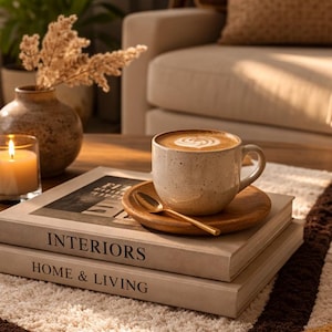 May include: A cozy living room scene featuring a cup of coffee with latte art on a wooden saucer, a gold spoon, and two books with the titles "INTERIORS" and "HOME & LIVING". A lit candle and a vase with dried flowers are also present.