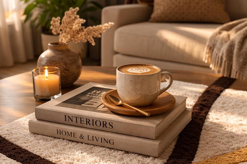 May include: A cozy living room scene featuring a cup of coffee with latte art on a wooden saucer, a gold spoon, and two books with the titles "INTERIORS" and "HOME & LIVING". A lit candle and a vase with dried flowers are also present.