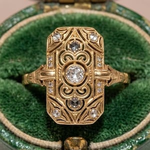 May include: A gold-toned ring with an Art Deco design, featuring a central round diamond and smaller diamonds. The ring is set in a rectangular shape with intricate filigree details. It rests in a green velvet ring box.