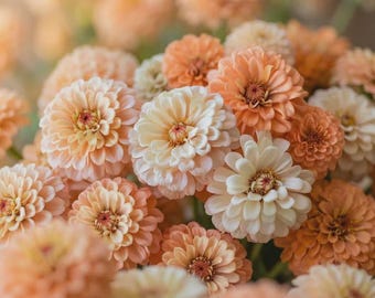 Semillas de zinnia color melocotón y crema, mezcla pastel, flores cortadas para jardín, salmón, melocotón, flores blancas, plantas de verano.