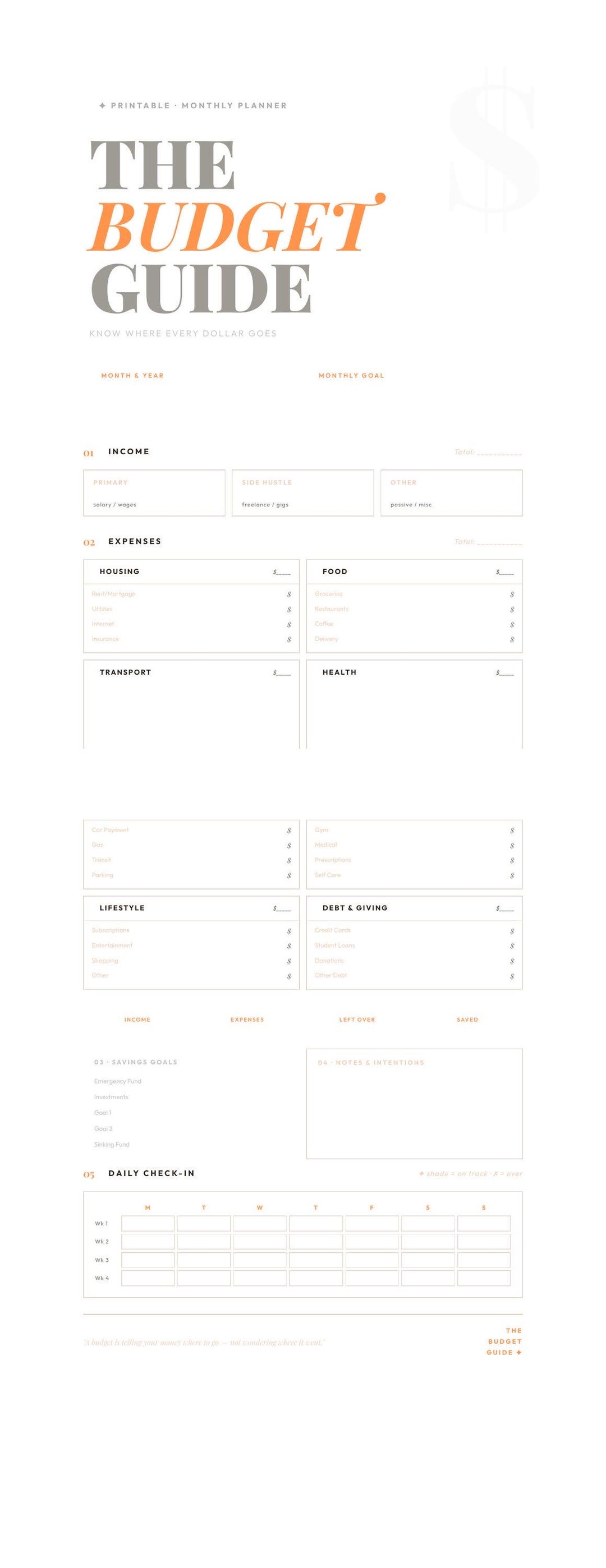 Budget One Page Examples Printable Monthly Budget Planner PDF | One Page Budget Worksheet ...