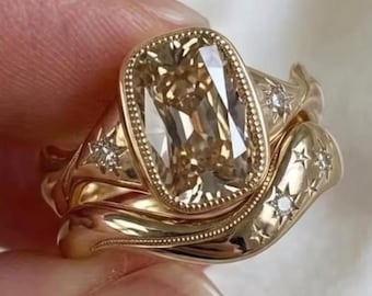 2.50CT  Elongated Champagne Cushion Cut Moissanite Bridal Ring Set, 14K Solid Yellow Gold Starburst Engraved Milgrain Antique Wedding Band