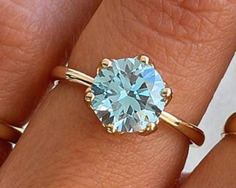 2.50CT Blue Round Cut Moissanite Engagement Ring, 14K Solid Rose Gold, Tulip Setting Praposal Ring,  Special Day Surprise Gift For Wife