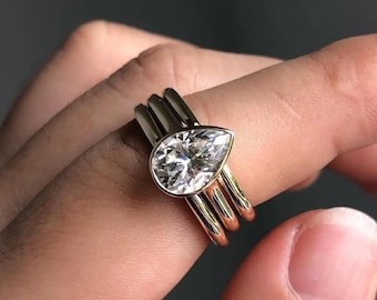 2.50CT Pear Cut Moissanite Bridal Ring Set, 14K Yellow Gold Wedding Ring Set, Bezel Setting With Two Band Anniversary Ring Set Promise Ring