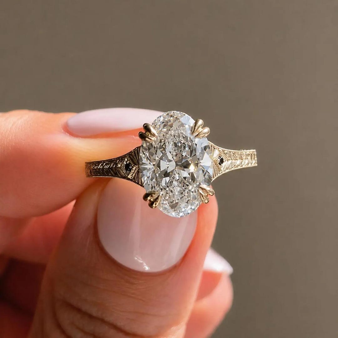 2CT Oval Cut Moissanite Engagement Ring 14K Solid Yellow Gold Double ...