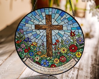 Personalized Stained Glass Cross Wildflowers Suncatcher, Christian Glass Window Hanging, Memorial Faith Gift for Believers, Church Decor